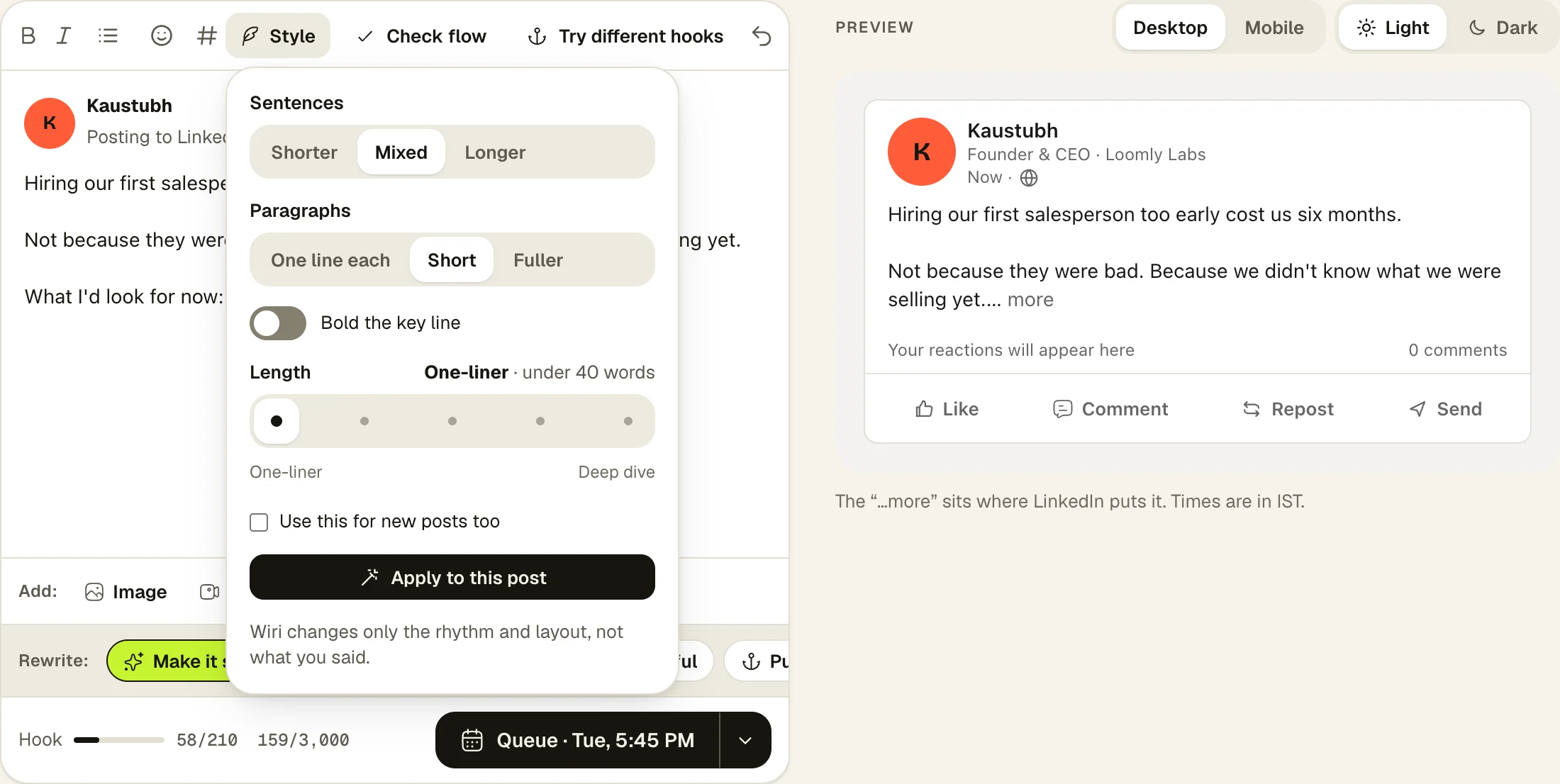 The Style panel open over the editor: sentences, paragraphs, bold key line and the length slider.