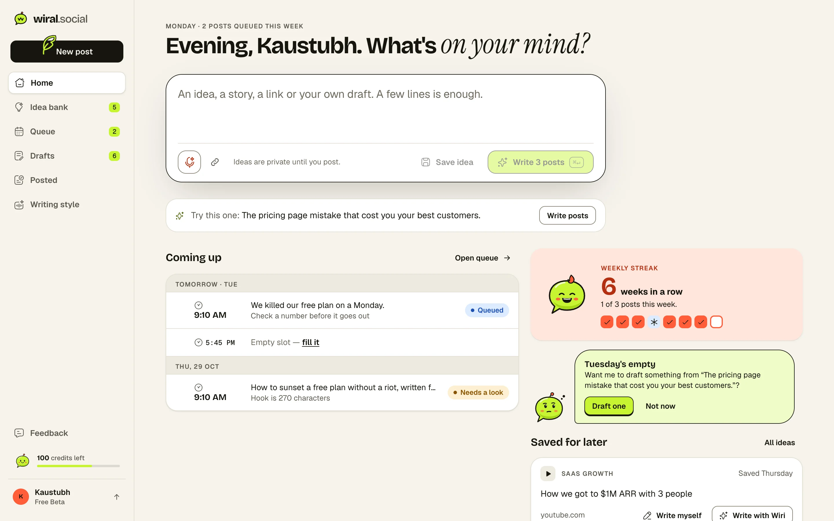 Wiral’s Home screen with the idea box, a suggested idea, the weekly streak and a nudge from Wiri.