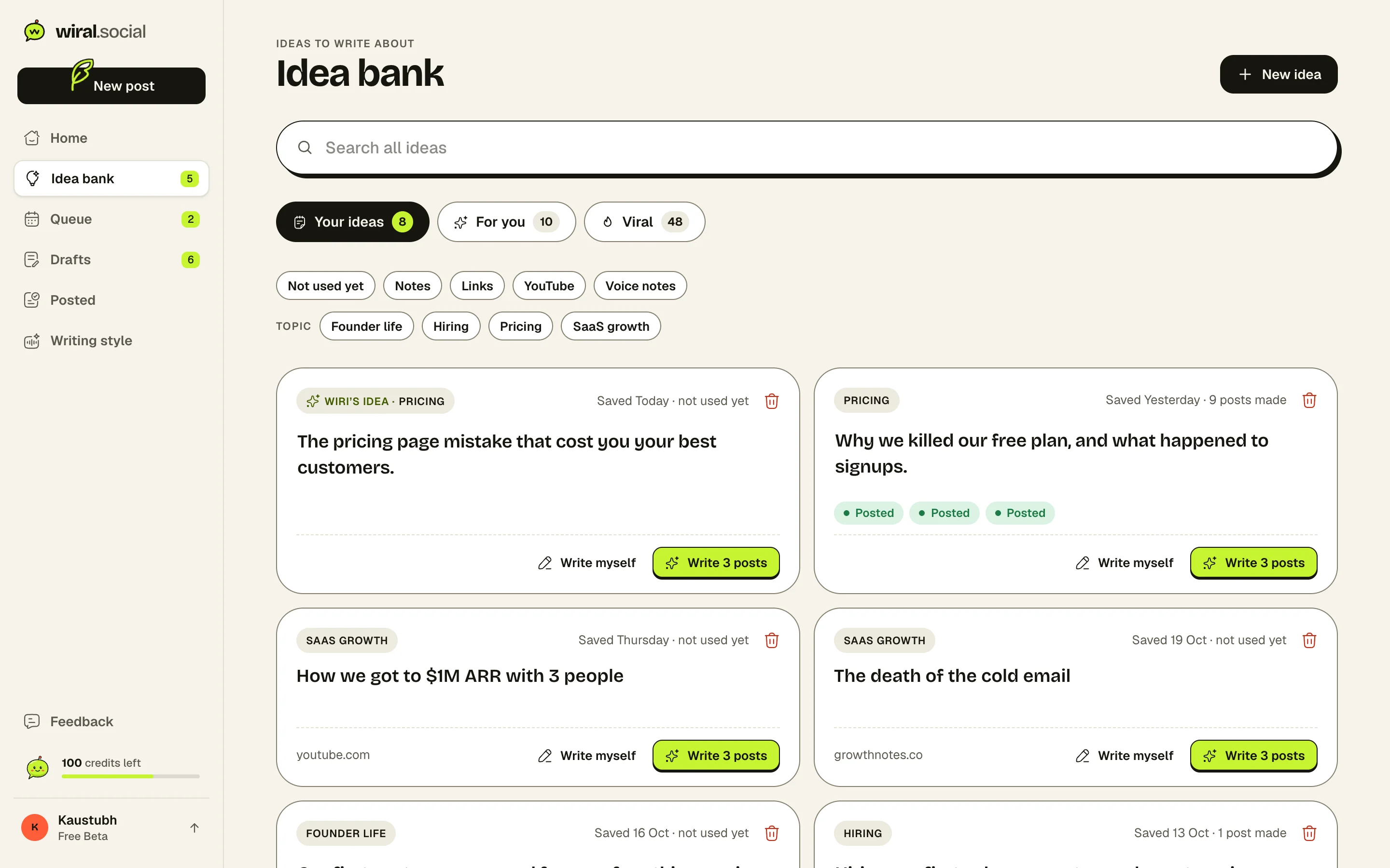 The idea bank with tabs for your ideas, ideas for you and viral formats, filters, and idea cards.