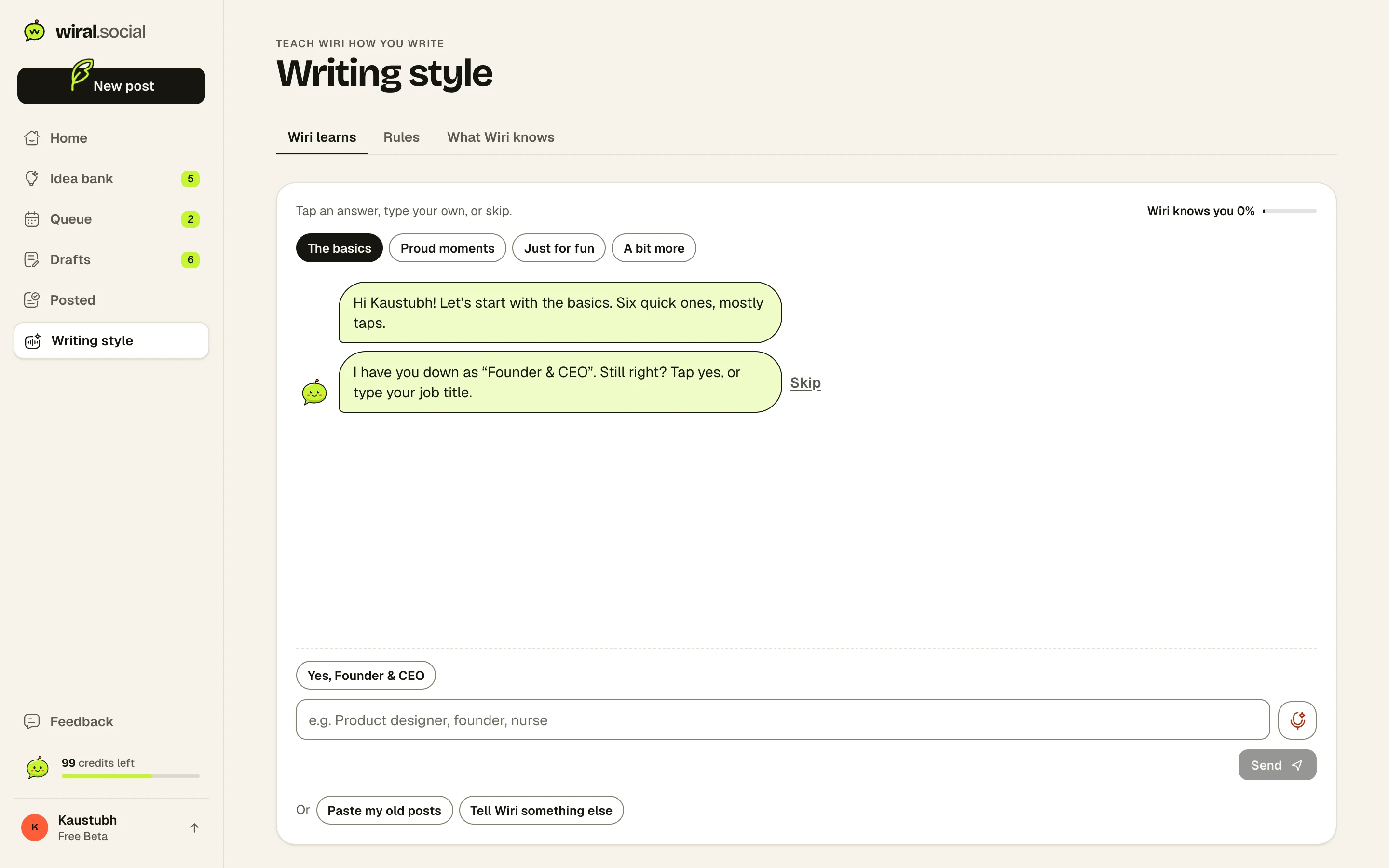 The Wiri learns chat, with suggested answers to tap.