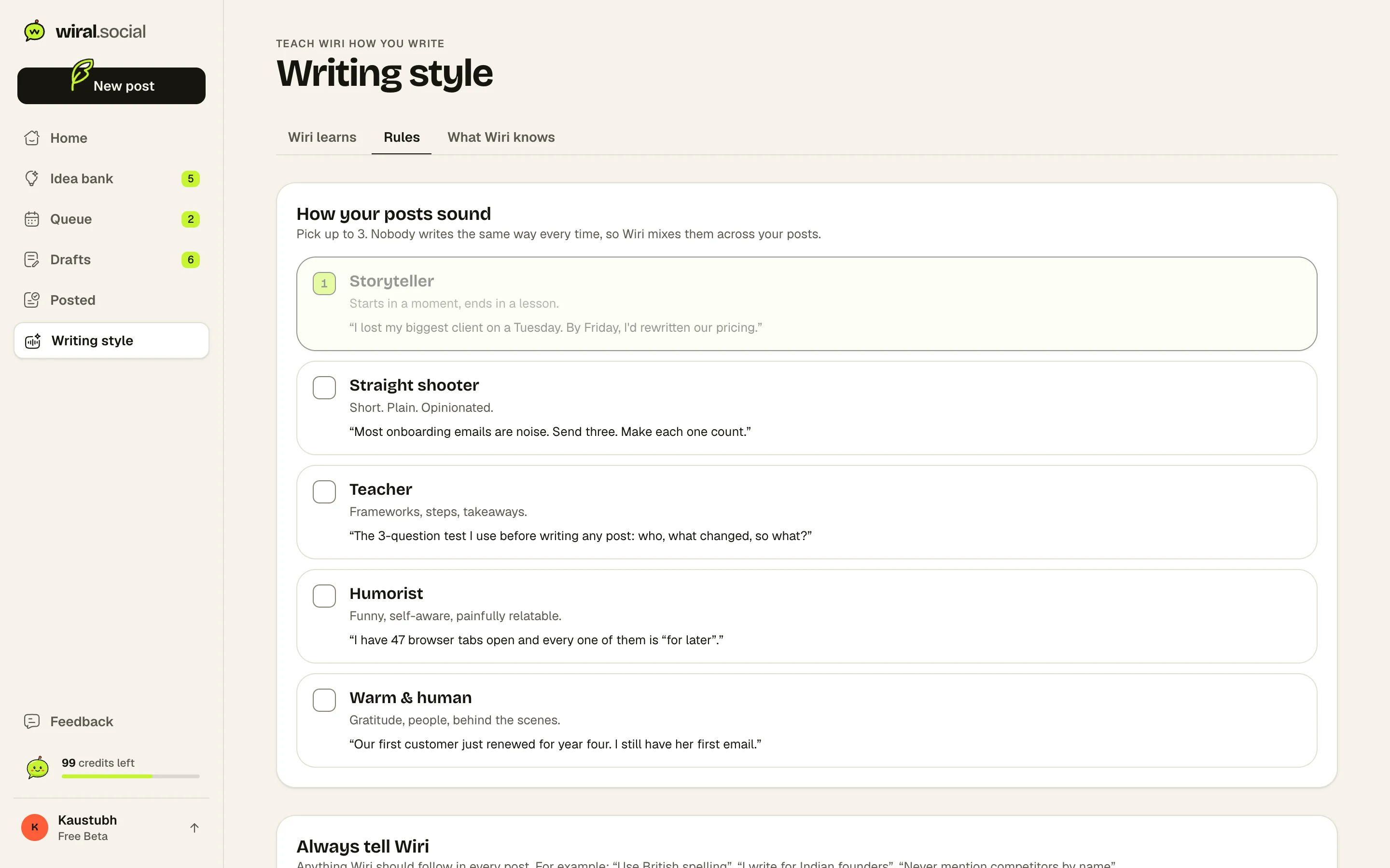 Writing style rules: five styles to choose from, with an example line for each.