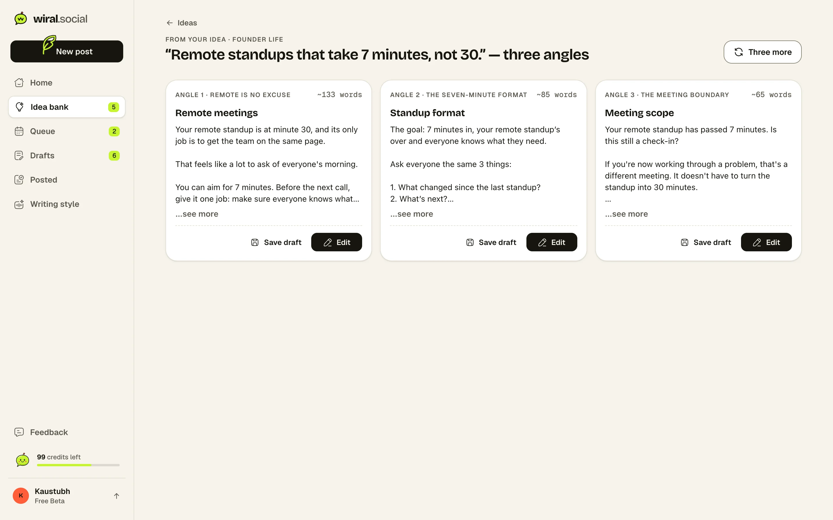 Three posts Wiri wrote from one idea about short remote standups, side by side.